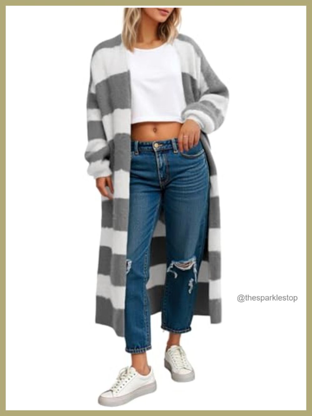 Women's Striped Chunky Fuzzy Knit Open Front Cardigan Long Duster Coat